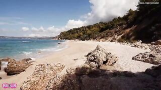 A couple enjoys a romantic and passionate sex on the nude beach during their vacation