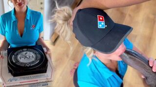 A pizza delivery girl is having an intense encounter with a big black sausage