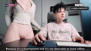 A girl caresses the table and rubs herself, craving a cock desperately