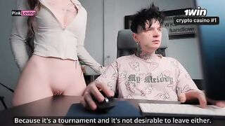 A girl caresses the table and rubs herself, craving a cock desperately