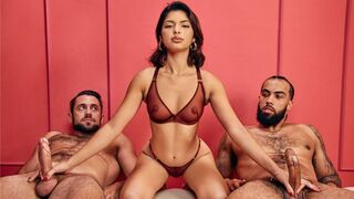 Their hands work in sync, and the guys moan in unison. A unique handjob threesome