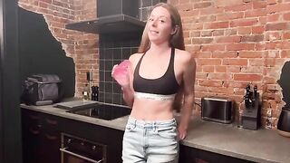 A cute girl got a hard cock in her sweet pussy in the kitchen