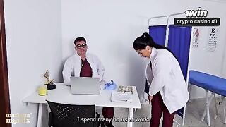 Two women have a rough threesome sex session with a doctor at the hospital