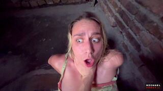 A pretty woman gets a facial after rough sex on the stairs
