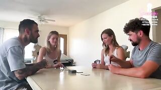 A couple engages in a card game with friends, leading to a wild foursome