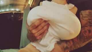 The guy moans and talks dirty while jerking off, reaching a massive climax