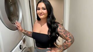 Cute lingerie-clad girl Roxanne Roselle washing clothes and teasing in POV