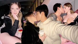 The couple celebrates a special day with romantic sex on the backseat