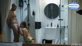 A couple has sex right after washing each other in the shower stall