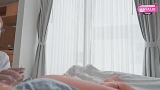 The girl was distracted from blowjob, so the guy slapped her face with spunk