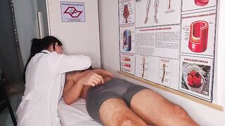 A girl is having an oral exam, and the doctor gets excited in front of her