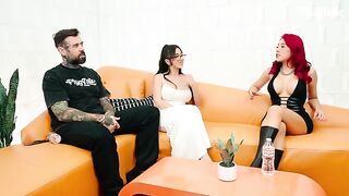 Two girls are getting fucked in a double blowjob scene