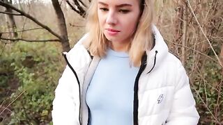 Ava Monn is almost caught while giving a blowjob in the park and swallows the cum