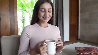 Hot brunette from SEX-DATER invited for tea, showcasing passionate action in 4K