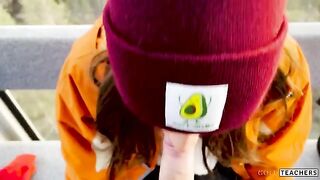 Naughty beauty gets fucked by stranger in mountain cableway