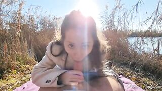 Petite girl Mini Julia has sex with a stranger by the lake